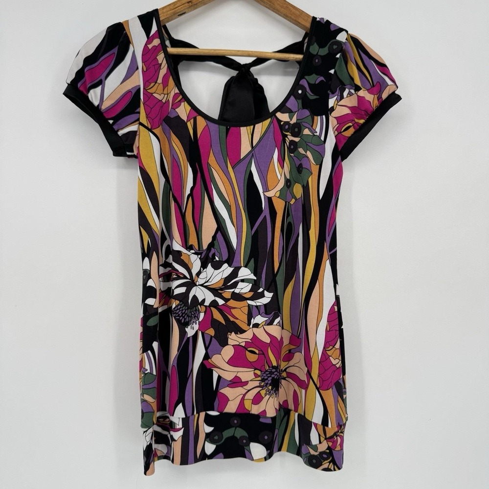 Rampage Y2K Top Grunge Fairy Core Floral Abstract Bow Back Short Sleeve Small‎